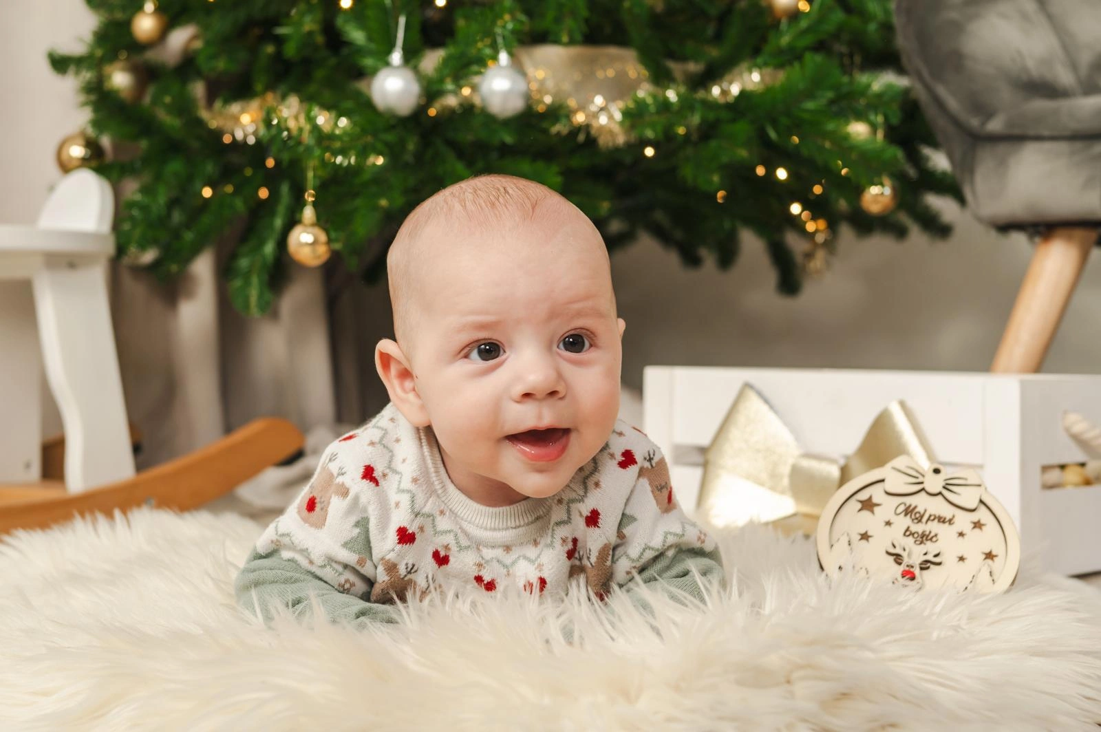A family in a festive Christmas setting.